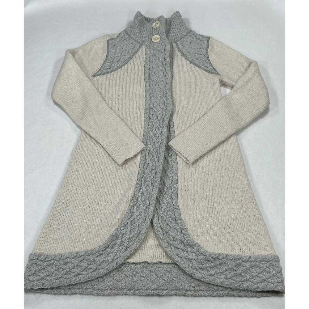 Prana Womens Longline Cable Knit Cardigan Sweater Cream Grey Mock Neck Small
